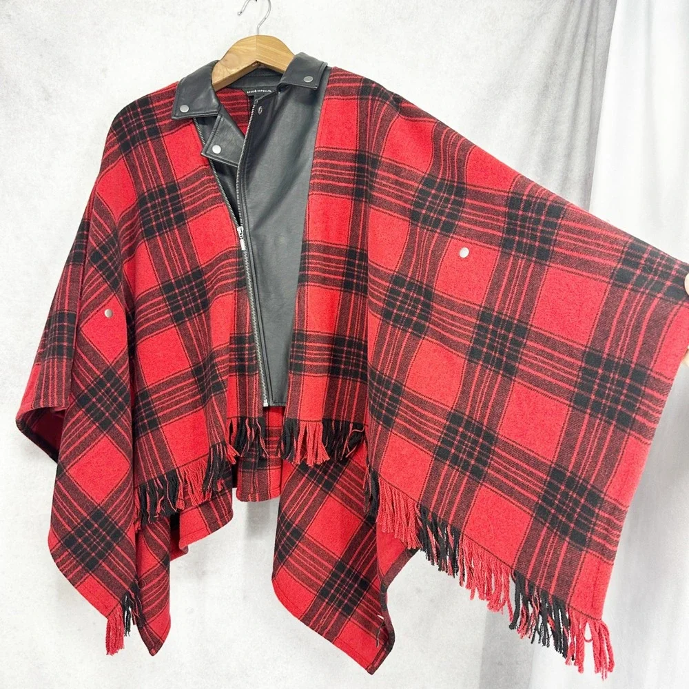 Rock & Republic Red Black Plaid Moto Poncho Faux Leather Trim Fringed‎ Size M/L